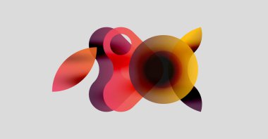 Soyut şekiller örtüşür, canlı renk karışımları yaratır. Kırmızı, turuncu, mor renkler tarafsız arkaplanda baskın. Modern tasarım ögesi.