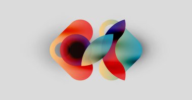 Soyut renkli şekiller örtüşür, dinamik görsel efekt yaratır. Yumuşak eğimler karışır ve sıvı bileşimi oluşturur. Işık arkaplanı canlılığı artırır.