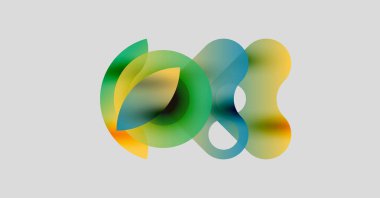 Soyut renkli şekiller çakışıyor ve sıvı tasarımı yaratıyor. Yumuşak gradyanlar turuncu, yeşil ve mavi renkleri harmanlarlar. Minimalist kompozisyon, hafif arkaplan.