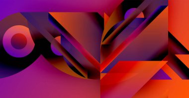 Soyut geometrik bileşim. Canlı gradyanlar, keskin açılar, dinamik şekiller modern görsel deneyimler yaratır. Mor, turuncu baskın palet.