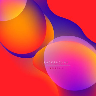 Soyut sıvı şekiller, canlı renklerin karışımı. Turuncu, mor, kırmızı renkler dinamik bileşim oluşturur. Modern tasarım ögesi.