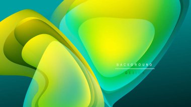 Soyut sıvı şekiller, canlı yeşil, sarı renkler. Koyu arkaplan dinamik görsel karşıtlık yaratır, modern tasarım ögesi.