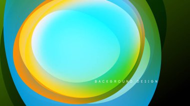 Soyut katmanlar canlı dairesel tasarım yaratır. Renkler karışıyor, pürüzsüz geçişler oluşturuyor. Arkaplan siyah, parlak şekilleri vurguluyor..