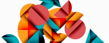 Üst üste binen geometrik şekilleri içeren soyut bileşim. Çemberler, üçgenler, sıcak, serin renkler dinamik görsel ilgi yaratır. Modern tasarım.