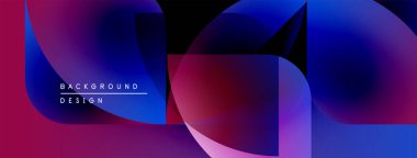 Soyut geometrik şekiller canlı mor, mavi renkleri harmanlarlar. Modern tasarım akıcılığı ve dinamizmi çağrıştırıyor. Arkaplanda üst üste binen katmanlar.