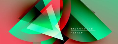 Soyut geometrik şekiller örtüşüyor, canlı renk eğimleri yaratıyor. Kırmızı, yeşil, turkuaz renkler düzgün bir şekilde harmanlanır. Modern tasarım ögesi.