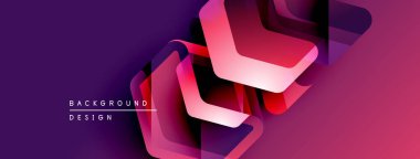 Soyut geometrik şekiller örtüşüyor, canlı mor ve pembe renkler yaratıyor. Metin elemanları mevcut modern arkaplan tasarımı.