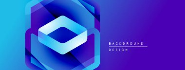 Soyut geometrik tasarım. Mavi gradyanlar katmanlı altıgen şekli oluşturur. Mor arkaplan canlı görsel elementleri tamamlar.