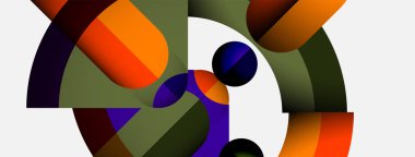 Kavisli şekiller, canlı renkler, üst üste binen formlar içeren soyut bileşim. Minimalist tasarım koyu arkaplan, beyaz boşluk.