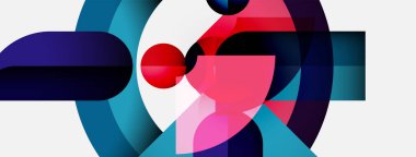 Soyut kompozisyon. Geometrik şekiller örtüşür, dinamik görsel efekt yaratır. Renkler arasında mavi, pembe, kırmızı, koyu gölgeler var. Modern tasarım.