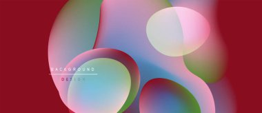 Soyut sıvı şekilleri örtüşür ve canlı renk değişimleri yaratır. Kırmızı arkaplan, akıcı tasarım elemanlarını vurgular. Modern estetik.