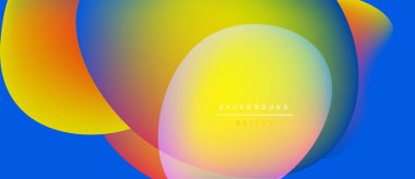 Soyut sıvı şekilleri canlı renkleri harmanlar. Sarı, turuncu, pembe, mavi dinamik kompozisyon oluşturur. Arka planlar için modern tasarım ögesi.