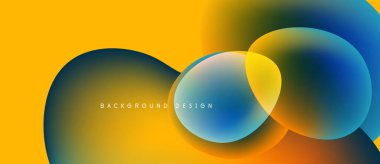 Soyut sıvı şekilleri örtüşür ve canlı renk değişimleri yaratır. Sarı, mavi, turuncu renkler tasarımda baskın. Modern estetik.