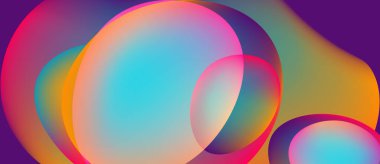 Soyut renkli çemberler çakışıyor, canlı gradyanlar yaratıyor. Pembeler, maviler ve sarılar arasındaki pürüzsüz geçişler kompozisyona hakim..