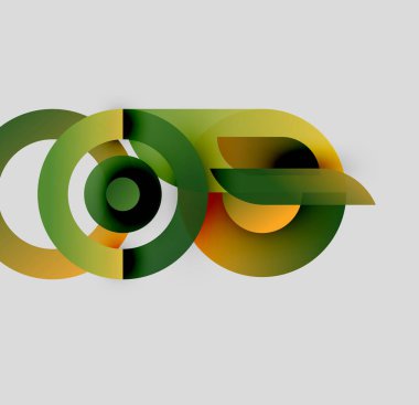 Soyut tasarım özellikleri üst üste binen daireler, gradyanlar. Renkler sarıdan yeşile değişir, dinamik görsel efekt yaratır. Minimalist stil.