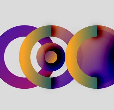 Soyut daireler örtüşüyor, canlı renk eğimleri yaratıyor. Tasarım, tarafsız arkaplana karşı mor, turuncu, yeşil renklere sahiptir.