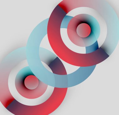 Soyut daireler örtüşüyor, canlı kırmızı, beyaz, mavi renkler yaratıyor. Minimalist tasarım, modern estetik, basit geometri.