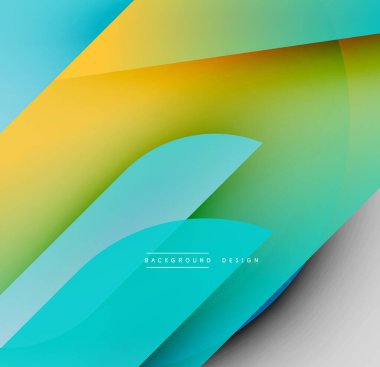 Soyut renkli tasarım. Üst üste binen şekiller dinamik görsel efekt yaratır. Gradyanlar sarı, yeşil, turkuaz renkleri harmanlarlar. Modern estetik.