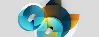 Soyut geometrik şekiller örtüşür, dinamik görsel kompozisyon yaratır. Mavi, turuncu renkler dizaynın baskın renkleri, hareket ve enerji.