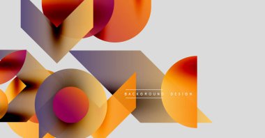 Soyut geometrik şekiller örtüşüyor, canlı renk eğimleri yaratıyor. Gri arka planda turuncu, kırmızı ve mor renkli modern tasarım.