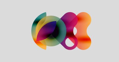 Soyut renkli şekiller örtüşüyor ve canlı bir görsel etki yaratıyor. Yumuşak eğimler karışıp, dinamik bileşim oluşturur. Minimalist tasarım.