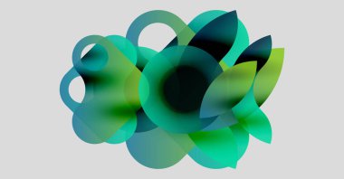 Üstüste binen şeffaf daireler içeren soyut bir kompozisyon. Gölgeler, derin deniz mavisi ile canlı kireç arasında değişerek dinamik görsel doku oluşturur..