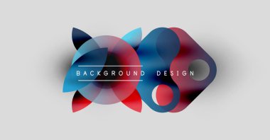 Soyut renkli şekiller örtüşüyor, dinamik arkaplan tasarımı yaratıyor. Kırmızı, mavi renkler açık gri tuval üzerinde egemen. Modern estetik.