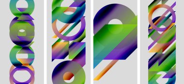 Soyut sanat eserleri dikey olarak istiflenmiş renkli geometrik şekillere sahiptir. Gradyan renkler dinamik görsel ilgi yaratır. Modern tasarım elemanları.