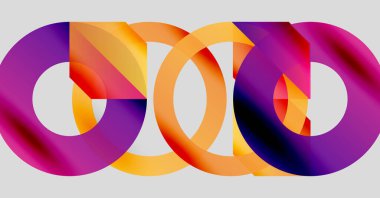Soyut tasarım özellikleri üst üste binen renkli halkalar. Gradyan renkler mor, turuncu, mavi karışımı dinamik görsel efekt yaratır. Modern, minimalist kompozisyon.