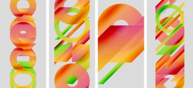 Soyut sanat eserlerinde üst üste binen renkli daireler, dikdörtgenler var. Gradyan renkler dinamik görsel efekt yaratır. Modern tasarım elemanları.