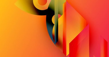 Soyut geometrik bileşim. Sıcak renkler baskın, turuncu, sarı, kırmızı renkler. Şekiller üst üste binerek dinamik görsel efekt yaratır.