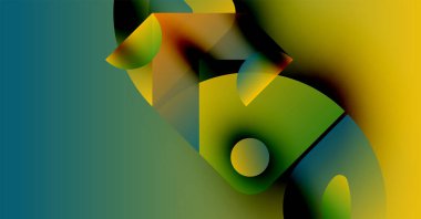 Canlı geometrik şekiller içeren soyut bir kompozisyon. Renkler karışıyor, dinamik görsel deneyim yaratıyor. Düzen eğimleri tasarıma hakim..