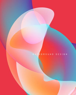 Soyut sıvı şekilleri örtüşür ve canlı renk değişimleri yaratır. Kırmızı arka plana hükmediyor, pembelere, mavilere, portakallara karışıyor. Modern tasarım ögesi.