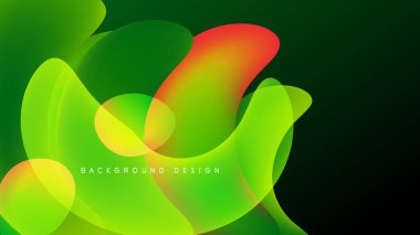 Soyut sıvı şekilleri harmanlanarak canlı yeşil, sarı, kırmızı gradyanlar oluşturur. Koyu arkaplan renkli şekilleri vurgular. Modern tasarım ögesi.