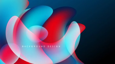 Soyut sıvı şekilleri canlı renkleri harmanlar. Kırmızı, mavi, beyaz gradyanlar koyu arkaplan üzerinde dinamik kompozisyon oluşturur. Modern tasarım ögesi.
