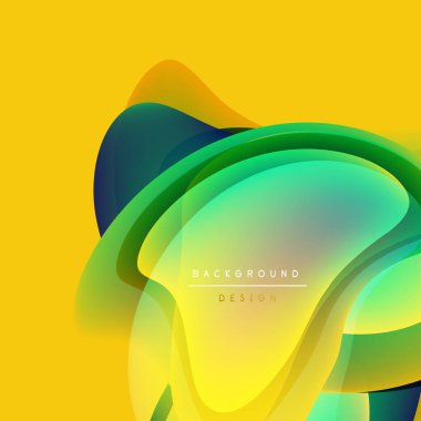 Soyut renkli katmanlar dinamik akış yaratır. Sarı arkaplan parlak yeşil ve mavi renkleri vurguluyor. Modern tasarım ögesi.
