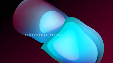 Soyut sıvı şekilleri örtüşür ve canlı renk değişimleri yaratır. Koyu arkaplan parlak mavileri, yeşilleri, kırmızıları vurgular. Modern tasarım ögesi.