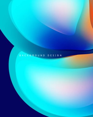 Soyut akışkan şekiller harmanlanarak canlı mavi, turuncu gradyanlar oluşturur. Modern tasarım hareketi, enerjiyi, pürüzsüz geçişleri çağrıştırıyor.