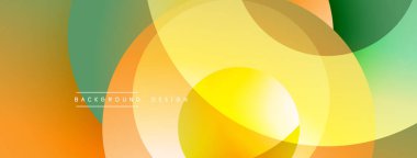 Soyut renkli arkaplan. Üst üste binen daireler canlı gradyanlar yaratıyor, turuncu, sarı, yeşil renkler tasarımda baskın. Yumuşak geçişler modern estetik sunar.