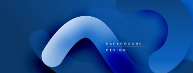 Soyut sıvı şekiller, mavi gradyanlar modern arkaplan oluşturur. Minimalist tasarım, pürüzsüz kıvrımlar hareket, derinlik.