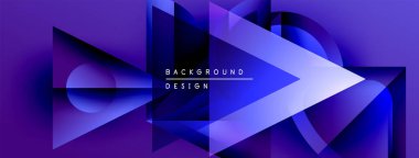 Soyut geometrik şekiller örtüşüyor, canlı mor gradyanlar yaratıyor. Modern tasarım elementleri teknoloji, yenilik, dinamizm öneriyor.