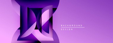 Soyut mor tasarım katmanlı geometrik şekiller içerir. Gradyan renkler derinlik yaratır, modern estetik. Minimalist metin kompozisyonu.