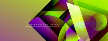 Soyut geometrik şekiller örtüşüyor, canlı renk eğimleri yaratıyor. Tasarım mor, yeşil, sarı renklere sahiptir. Modern estetik.
