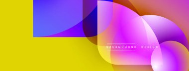 Soyut enerjik tasarım. Üst üste binen renkli şekiller dinamik görsel efekt yaratır. Sarı, mor, turuncu renkler baskın bileşim..