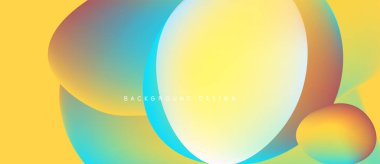 Soyut sıvı şekilleri örtüşür, parlak sarı, mavi ve turuncu renkler yaratır. Arkaplan ve sunumlar için modern tasarım ögesi.