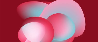 Soyut şekiller örtüşür, yumuşak eğimler yaratır. Pembe, kırmızı, turkuaz renkler koyu arkaplanda kusursuz bir şekilde harmanlanır. Minimalist tasarım.