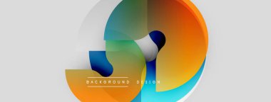 Soyut renkli şekiller dinamik kompozisyon oluşturur. Modern tasarım elementleri akıcılık, enerji ve yenilik öneriyor. Arkaplanda gradyanlar, daireler var.