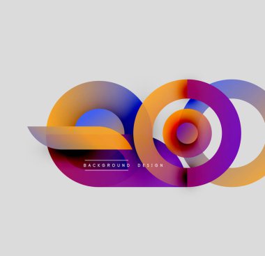 Soyut renkli çakışan daireler dinamik bir görsel oluşturur. Gradyan gölgeler harmanlanarak modern tasarım elementi oluşturur. Mevcut en küçük metin.