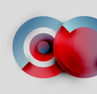Üst üste binen daireler içeren soyut tasarım. Kırmızı, beyaz, mavi renkler katmanlı etki yaratır. Minimalist kompozisyon, modern estetik.