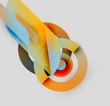 Soyut renkli kurdeleler birbirine dolanır ve dinamik dairesel şekiller yaratır. Gradyan renkler karışıyor, görsel karmaşıklık sunuyor. Modern tasarım ögesi.